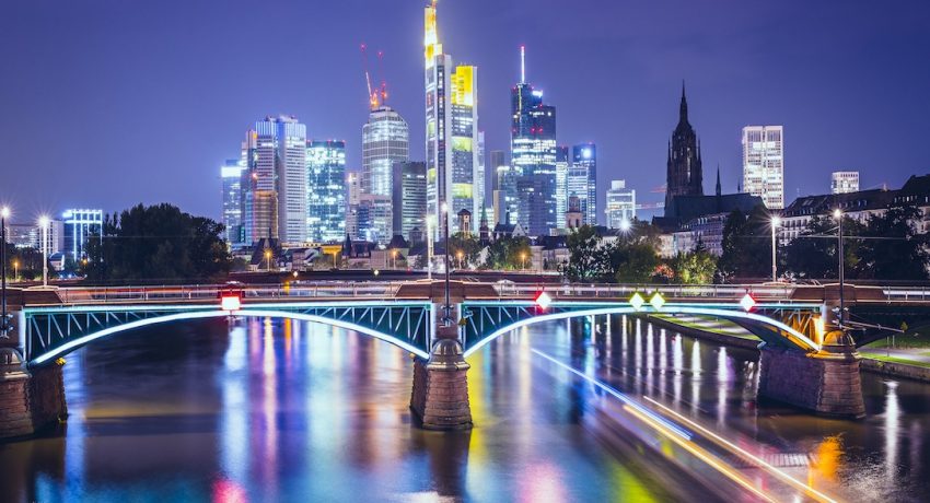 Frankfurt am Main, Germany Financial District skyline.