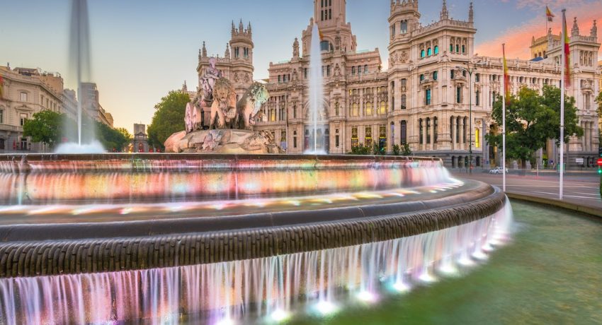 Madrid, Spain at Plaza de Cibeles at twilight.