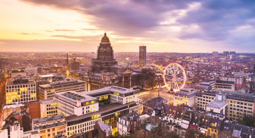 Brussels, Belgium cityscape at Palais de Justice during dusk.