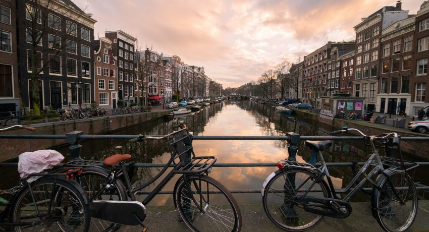 Bikes in Amsterdam at sunset